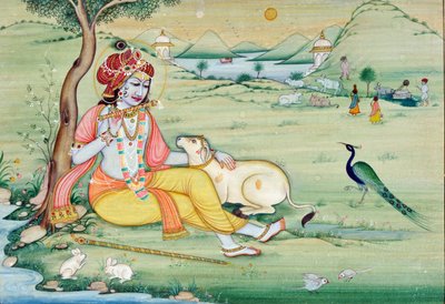 Pintura en miniatura de Krishna tocando la flauta de School Indian
