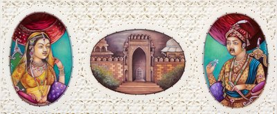 Pintura en miniatura del emperador mogol Akbar con su esposa Jodha Bai de School Indian