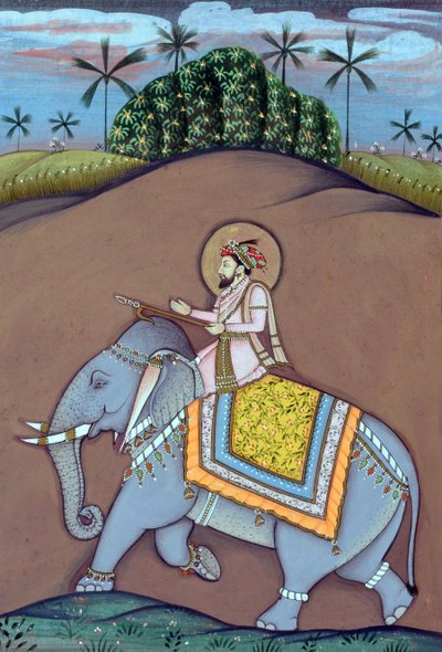 Pintura en miniatura del emperador mogol Shah Jahan sentado en un elefante de School Indian