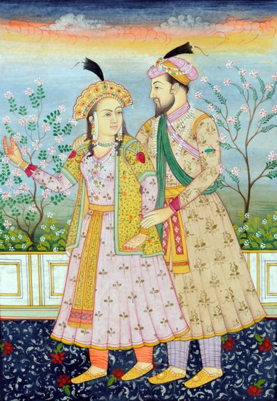 Pintura en miniatura del emperador mogol Shah Jahan con su esposa Mumtaz Mahal de School Indian