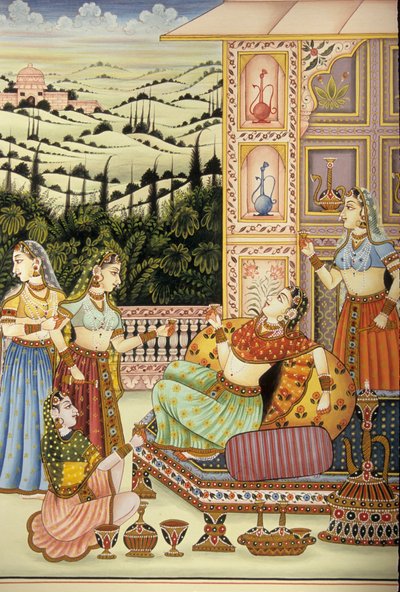 Pintura en miniatura de una dama mogol bebiendo, India de School Indian