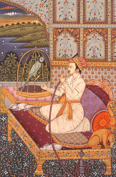 Pintura en miniatura de un príncipe mogol disfrutando del Hooka, India de School Indian