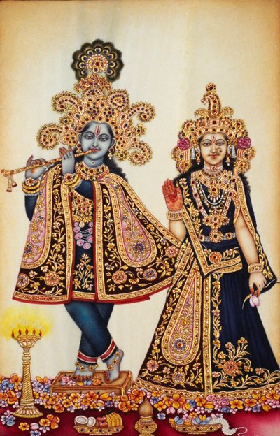 Pintura en miniatura de Radha Krishna sobre marfil de School Indian