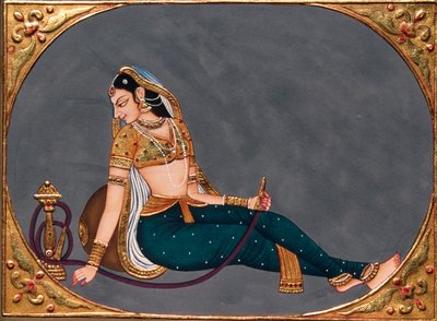 Pintura en miniatura sobre papel Dama disfrutando del narguile de School Indian