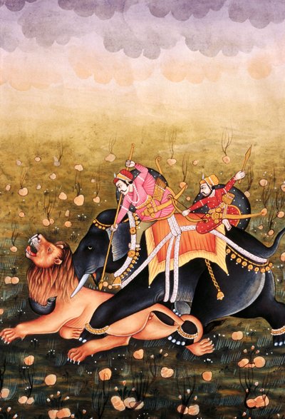 Pintura en miniatura sobre papel, Rey mogol cazando de School Indian
