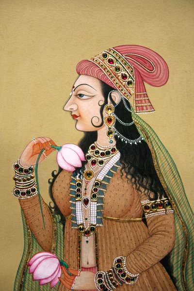 Pintura en miniatura sobre papel Retrato de dama real mugal de School Indian