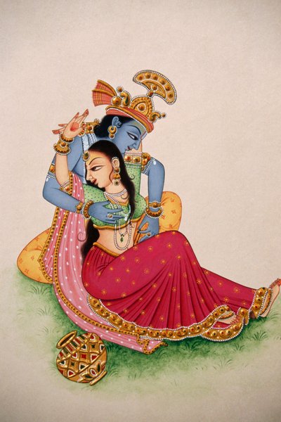 Pintura en miniatura sobre papel Radha Krishna de School Indian