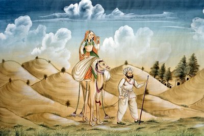 Pintura en miniatura sobre seda, Lonely Travellers, Rajastán de School Indian