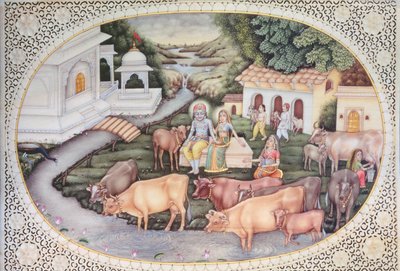 Miniatura de Krishna lechera sentada en un campo con ganado (acuarela sobre marfil) de School Indian