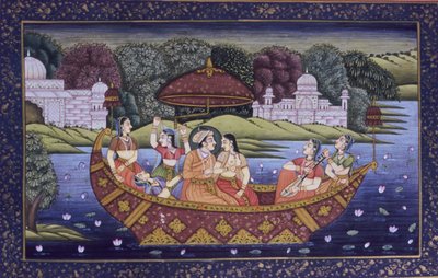 Pintura mogol en miniatura sobre papel, Rey escena de amor y disfrutando de la música en barco de School Indian