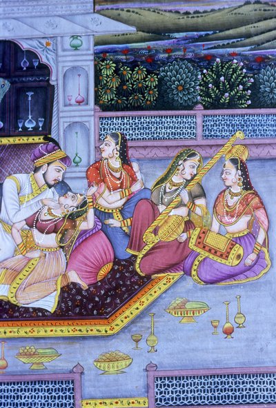 Pintura mogol en miniatura sobre papel, Escena de amor de School Indian