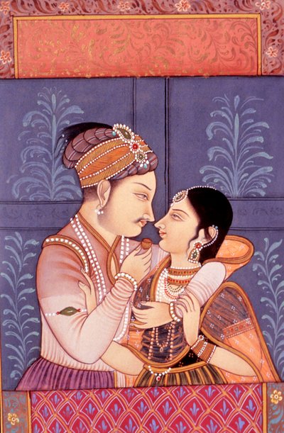 Pintura mogol en miniatura sobre papel de escena de amor (miniautre) de School Indian
