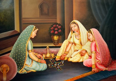 Pintura al óleo sobre lienzo Mujeres jugando al chopad de School Indian
