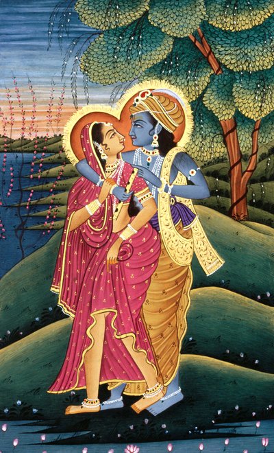 Pintura de Dios Krishna y su mayor devota Radha, India de School Indian