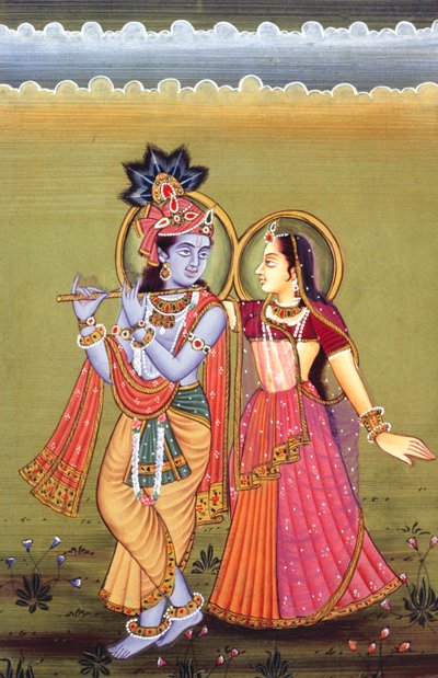 Pintura de Dios Krishna y su mayor devota Radha, India de School Indian