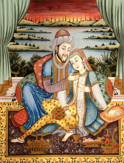 Pintura de un emperador mogol con su esposa en una escena de amor, India de School Indian