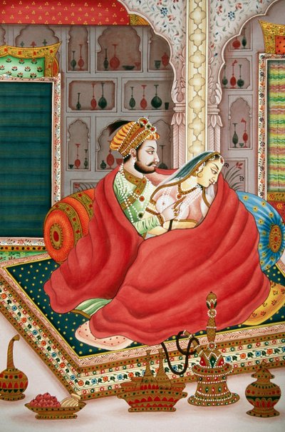Pintura de un emperador mogol con su esposa en una escena de amor, India de School Indian