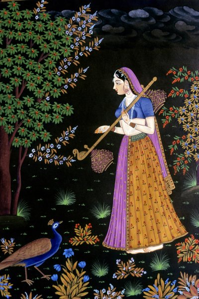 Pintura sobre papel, Dama disfrutando de la música, India de School Indian