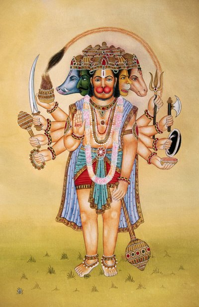 Panchmukhi Señor Hanuman Pintura en miniatura sobre papel de School Indian