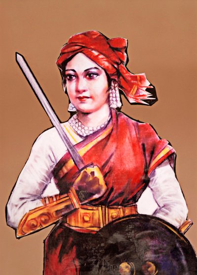 Retrato de Rani Laxmibai Reina de Jhansi gran luchadora por la libertad en la primera guerra de Independencia de la India Motín Indio 1857-58 (litografía en color) de School Indian