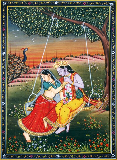 Radha Krishna disfrutando de Jhoola Pintura en miniatura sobre papel de School Indian
