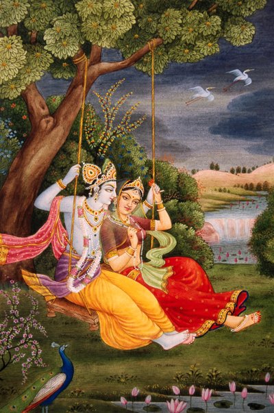 Radha Krishna disfrutando de Jhoola Pintura en miniatura sobre papel de School Indian