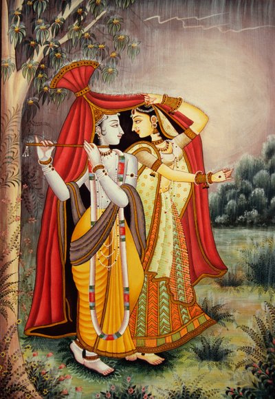 Pintura en miniatura de Radha Krishna en monzón sobre papel de School Indian