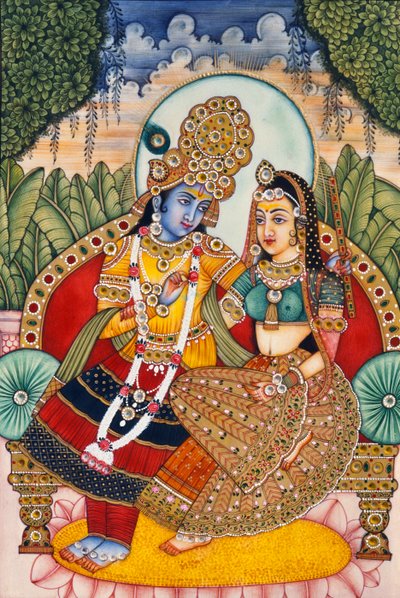Radha Krishna Pintura en miniatura sobre marfil de School Indian