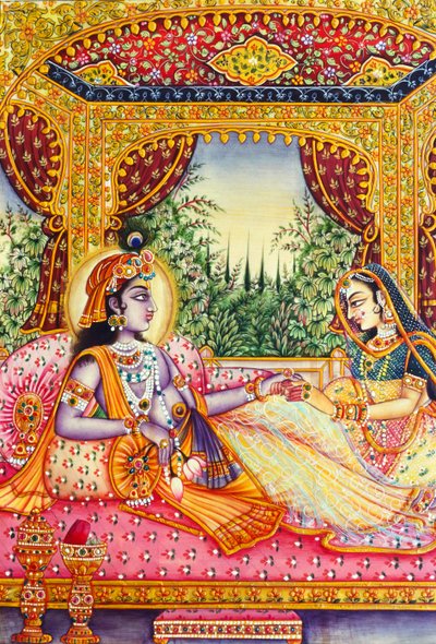 Radha Krishna Pintura en miniatura sobre marfil de School Indian
