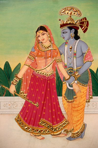 Radha Krishna Pintura en miniatura sobre papel de School Indian