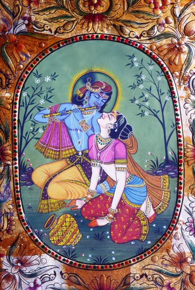 Radha Krishna Pintura en miniatura sobre papel de School Indian