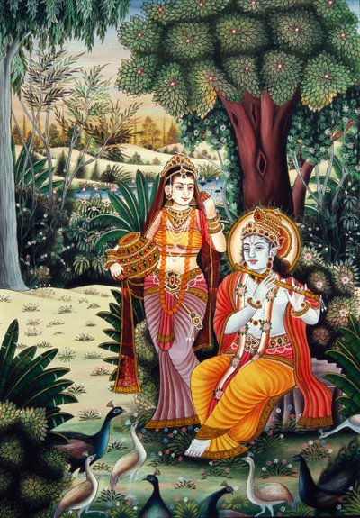 Radha Krishna Pintura en miniatura sobre papel de School Indian