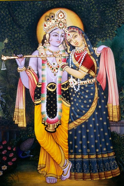 Radha Krishna Pintura en miniatura sobre papel de School Indian