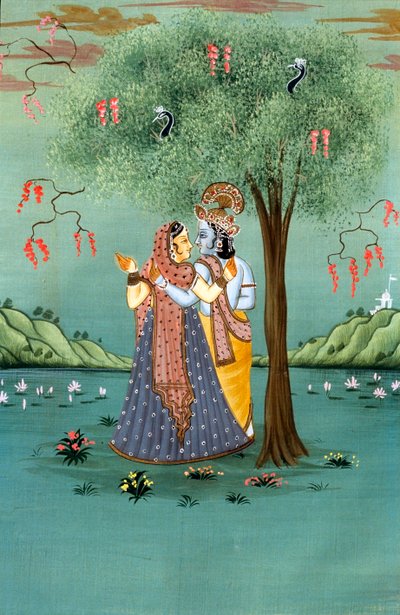 Radha Krishna Pintura en miniatura sobre papel de School Indian