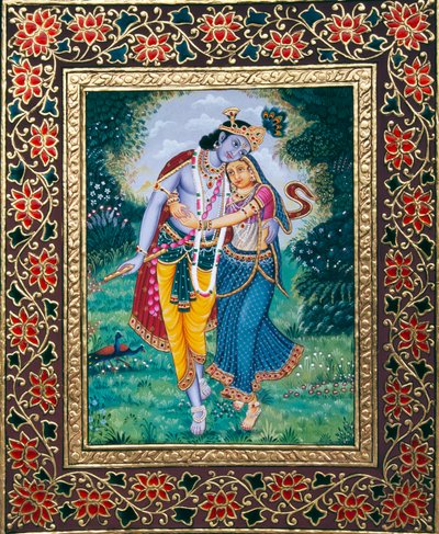 Radha Krishna Pintura en miniatura sobre papel de School Indian