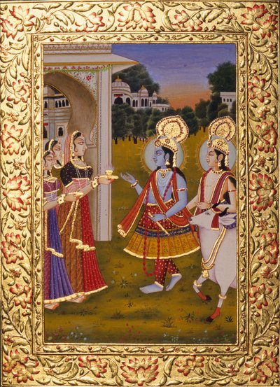 Radha Krishna Pintura en miniatura sobre papel con relieve dorado de School Indian