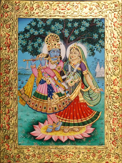Radha Krishna Pintura en miniatura sobre papel con relieve dorado de School Indian