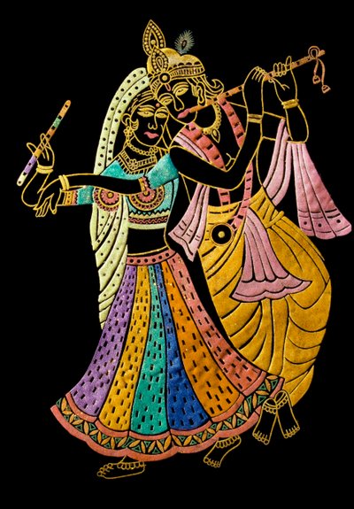 Radha Krishna Pintura en miniatura sobre terciopelo de School Indian