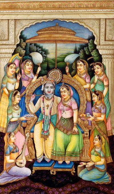 Radha Krishna en miniatura Pintura sobre marfil de School Indian