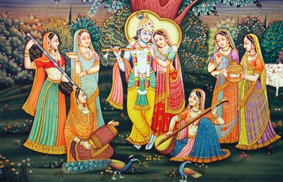 Radha Krishna con Sakhis Disfruta de la Música de School Indian