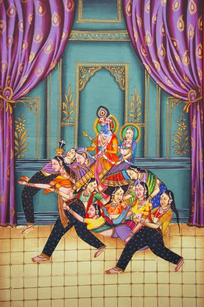 Radha Krishna con Sakhis Pintura en miniatura sobre papel de School Indian