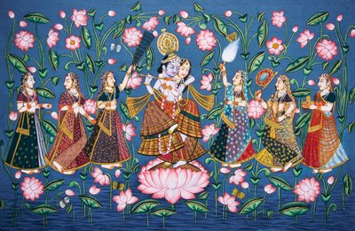 Radha Krishna con Sakhis Pintura en miniatura sobre papel de School Indian