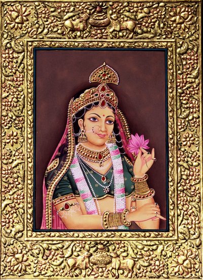 Radha Pintura en miniatura sobre papel con relieve dorado de School Indian