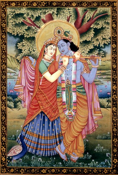 Radha y Krishna Escena de amor Pintura en miniatura sobre papel de School Indian
