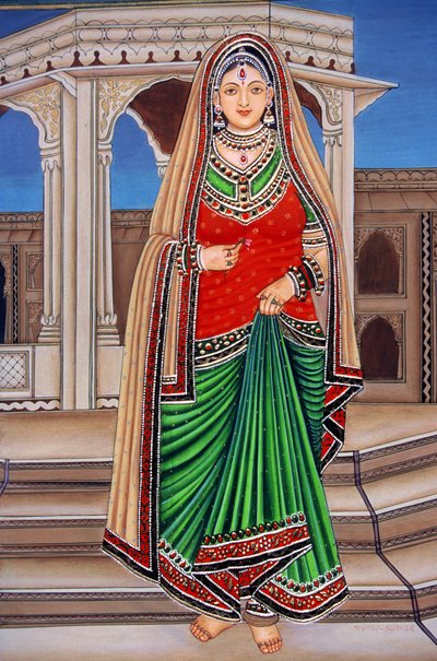 Pintura en miniatura sobre papel de una dama rajastaní en una cita de School Indian