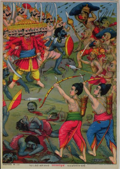 Rama y Lakshmana en batalla con Ravana, epopeya Ramayana, c.1914 (cromolito) de School Indian