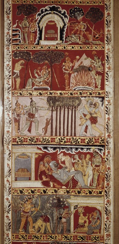 Escenas del Ramayana, poema épico compuesto en el siglo VI por Valmiki y que cuenta la leyenda de Rama. Bengala Occidental. Biblioteca Victoria y Alberto. Londres de School Indian