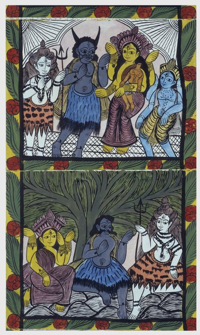 Shiva da vida a Ganesha (Ganesh o Ganapati), en los brazos de su madre Parvati, después de cortarle la cabeza en un arrebato de ira. Pat: rollo pintado de la región de Bengala, que sirve como medio narrativo para músicos Baoul (o baul). Leonard de Selva es de School Indian