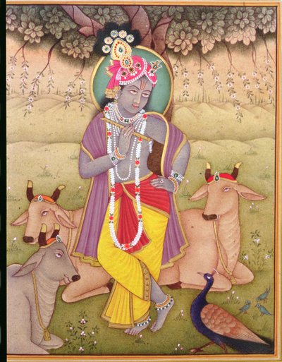 Shri Krishna (miniatura) (gouache y acuarela sobre papel) de School Indian