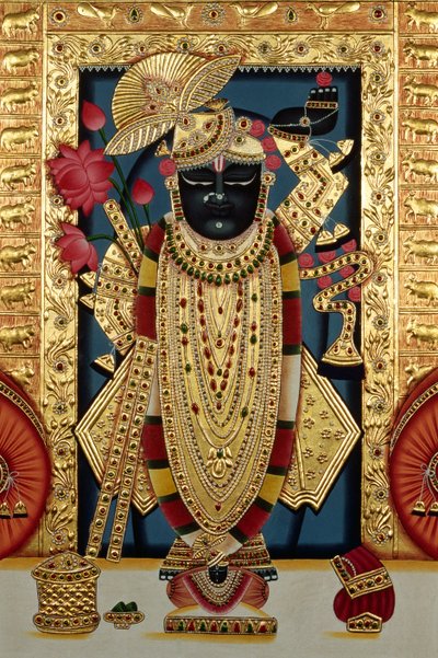 Shri Lord Shree Nathji O Shreenathji en Nathdwara Pintura en miniatura sobre papel con relieve dorado de School Indian